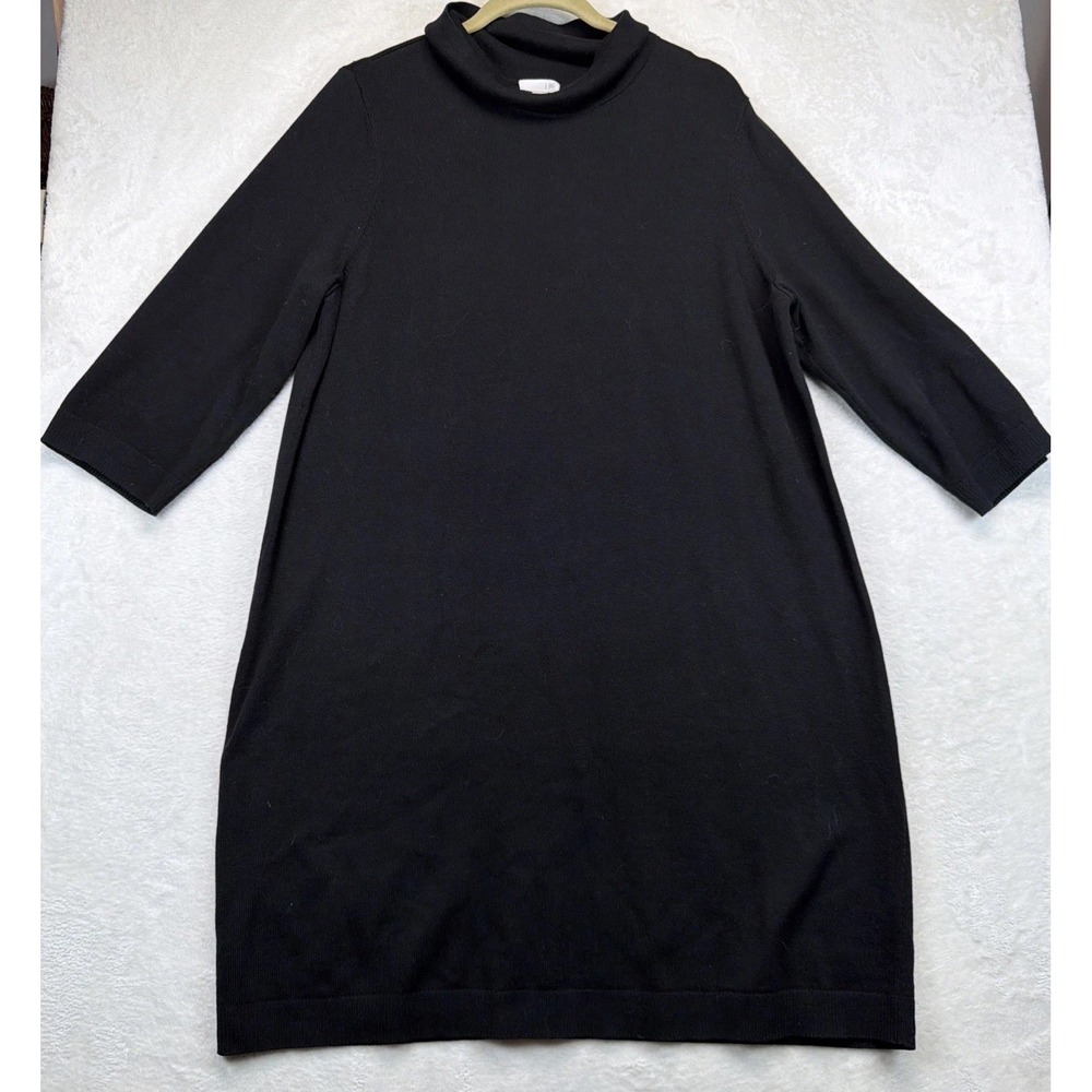 J Jill Womens Large Black Sweater Dress Mock Neck 3/4 Sleeve Knit Career Minimal